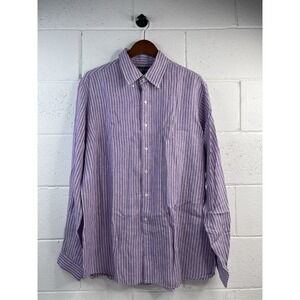 Men's Ralph Lauren Custom  Fit Purple & White Striped 100% Linen Shirt Size XL